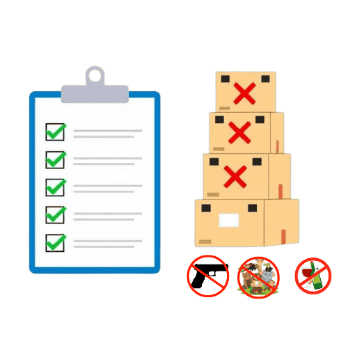 Graphic illustrating customs clearance with a checklist of necessary documents and a red 'X' over prohibited shipping items like firearms, alcohol, and drugs.