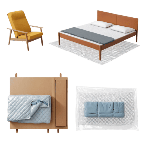Graphic showing furniture packing steps, including disassembly, wrapping with blankets, and securing with straps for safe moving.