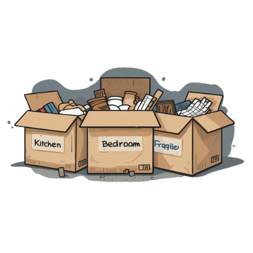 Three labeled moving boxes with clear tags for contents, room designation, and fragile items, used for organized home relocation.