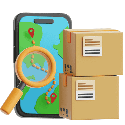 Graphic showing a package being tracked via a mobile app, with a delivery confirmation checkmark symbolizing successful shipment arrival.